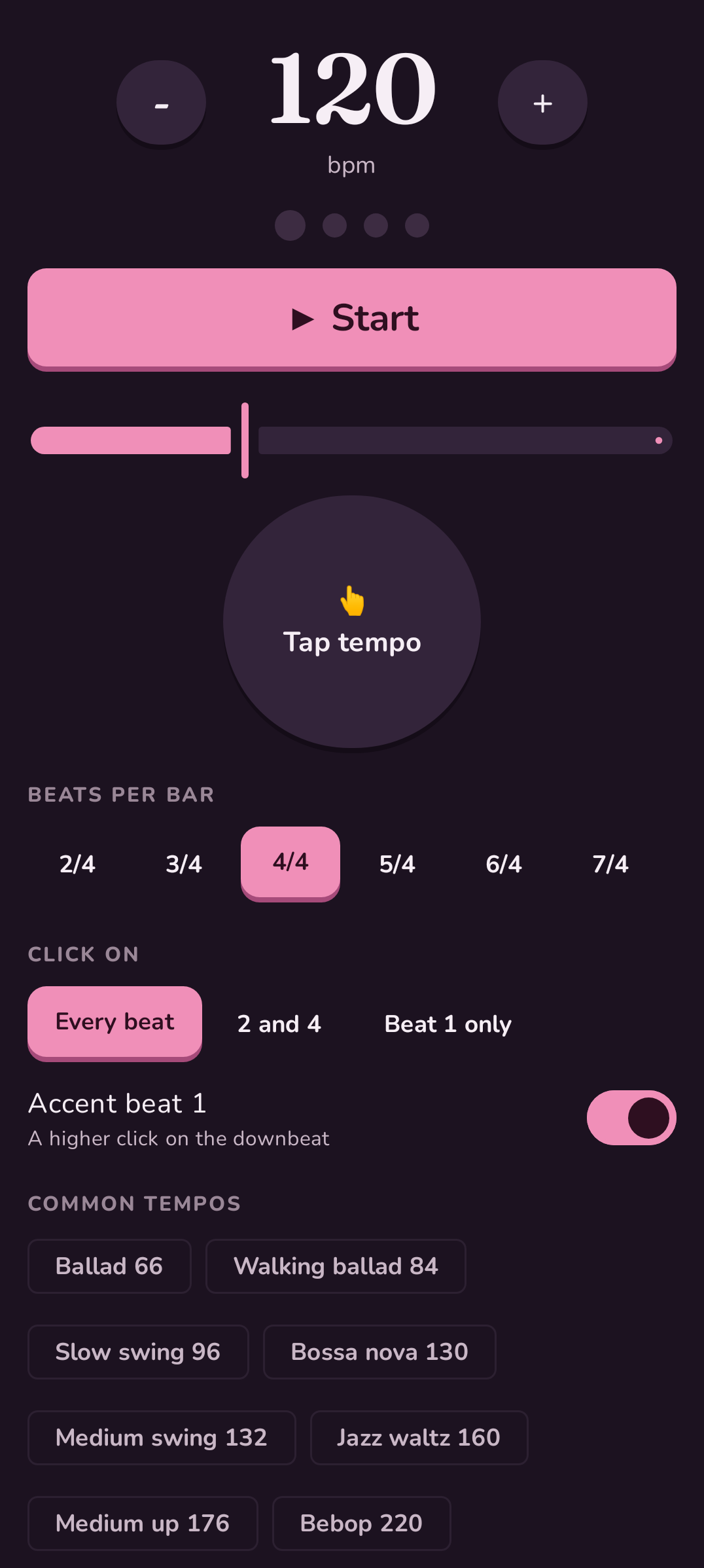 The metronome in the dark theme at 120 beats per minute, with tap tempo and jazz tempo presets