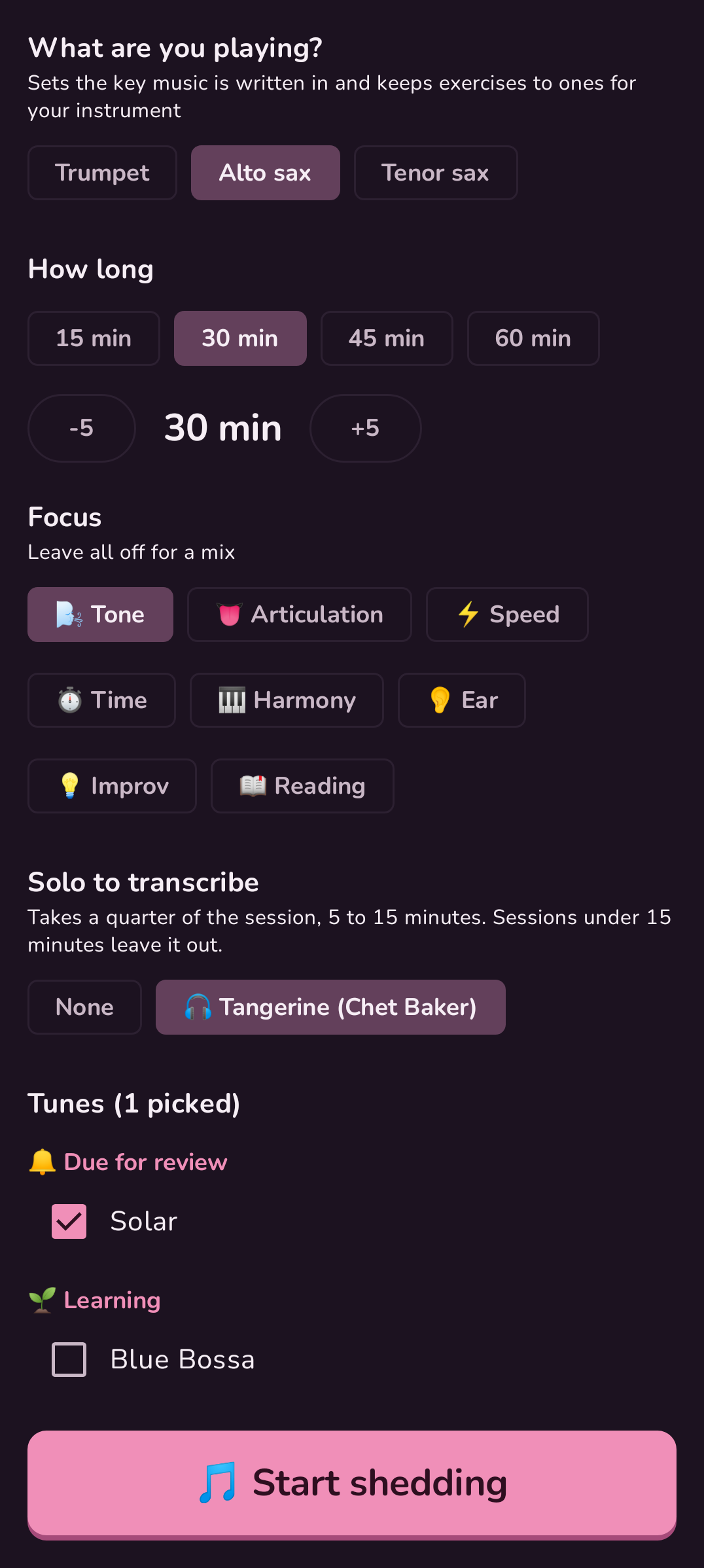 Planning a session in Woodshed's dark theme: the instrument, how long, focus areas, a solo to transcribe and the tunes that are due