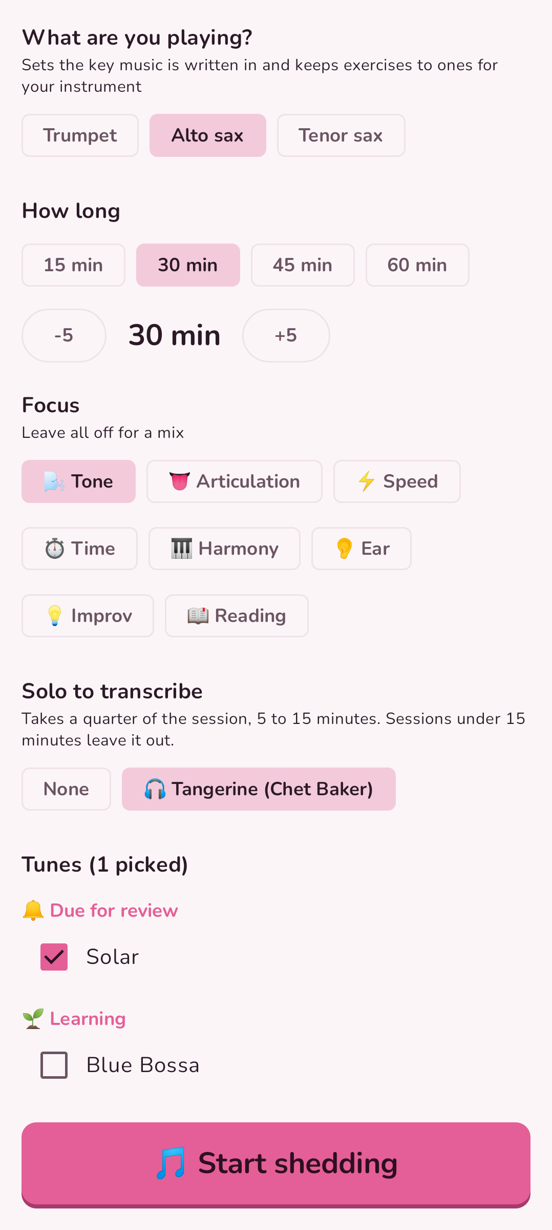 Planning a session in Woodshed's light theme