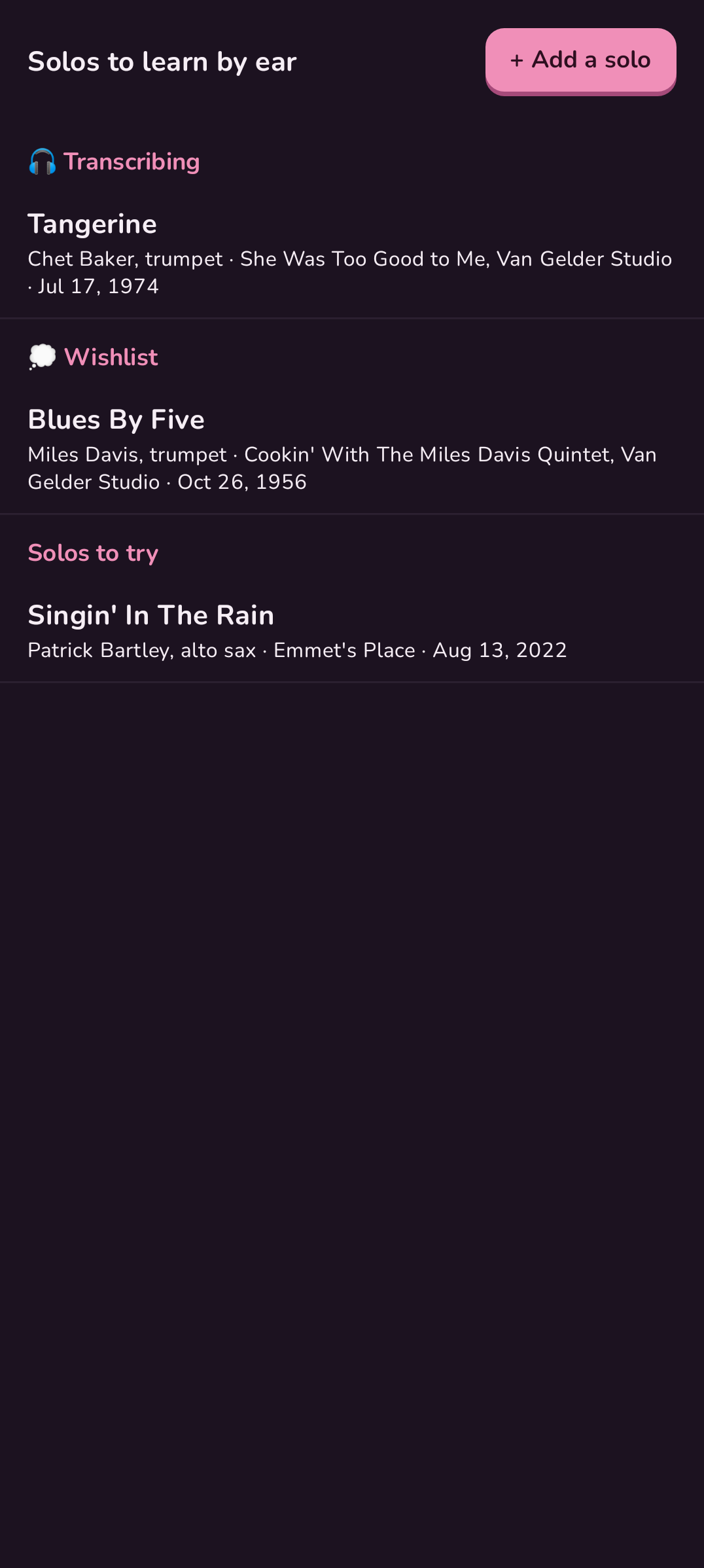 The Transcribe tab in the dark theme, with Chet Baker's solo on Tangerine being transcribed