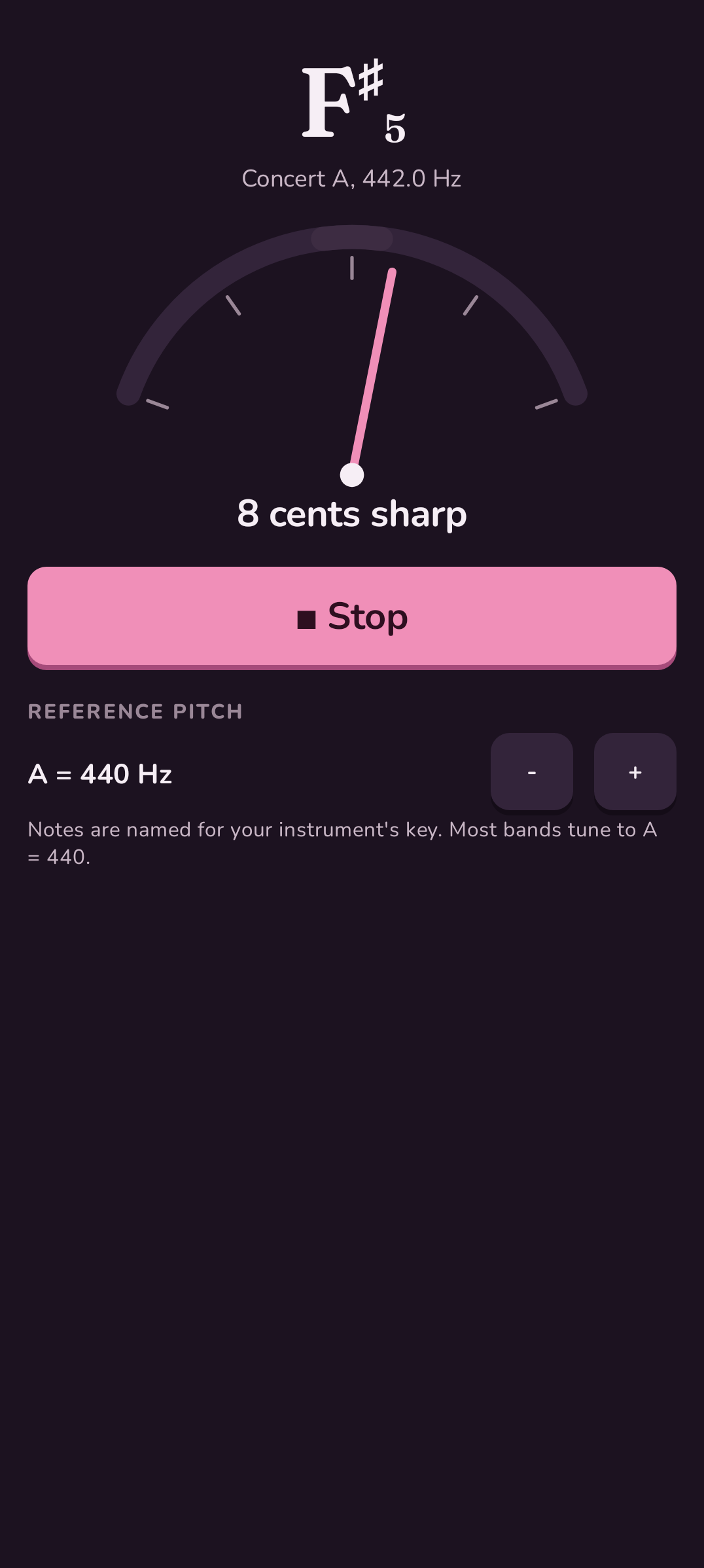 The tuner in the dark theme, reading a note a few cents sharp
